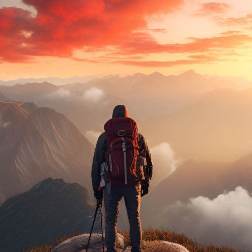 man looking out on mountains with backpack