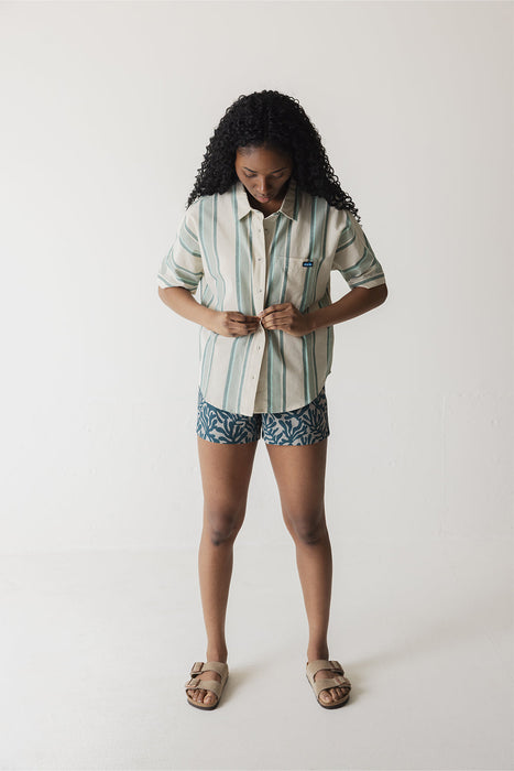 KAVU Fairhope shirt in Sea Stripe, on model