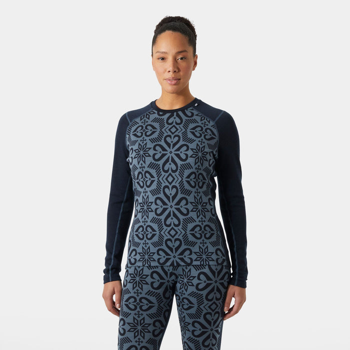 Helly Hansen Women's LIFA Merino Midweight Graphic Crew - Navy Nordic Rose