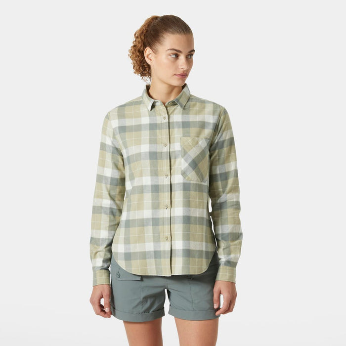 Helly Hansen Women's Lokka Organic Flannel Long Sleeve Shirt in Light Lav Box Stripe Plaid