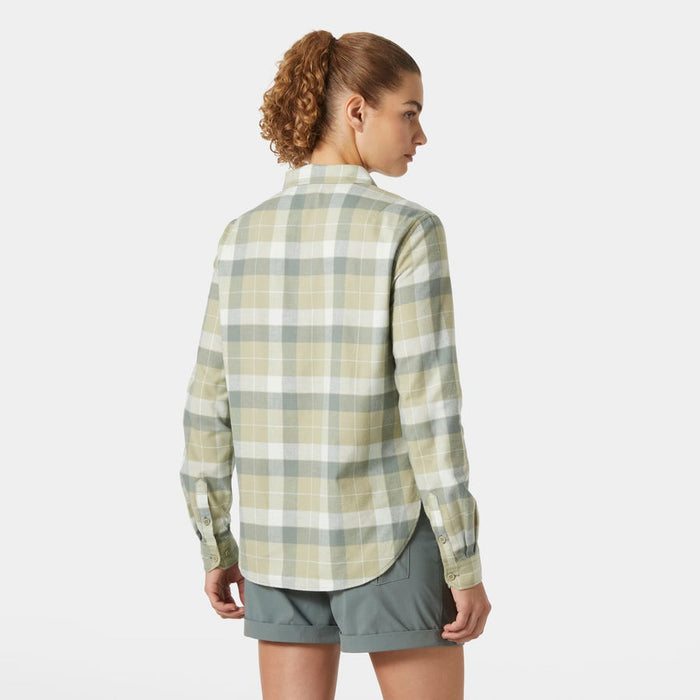 Helly Hansen Women's Lokka Organic Flannel Long Sleeve Shirt in Light Lav Box Stripe Plaid