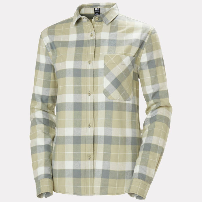 Helly Hansen Women's Lokka Organic Flannel Long Sleeve Shirt in Light Lav Box Stripe Plaid
