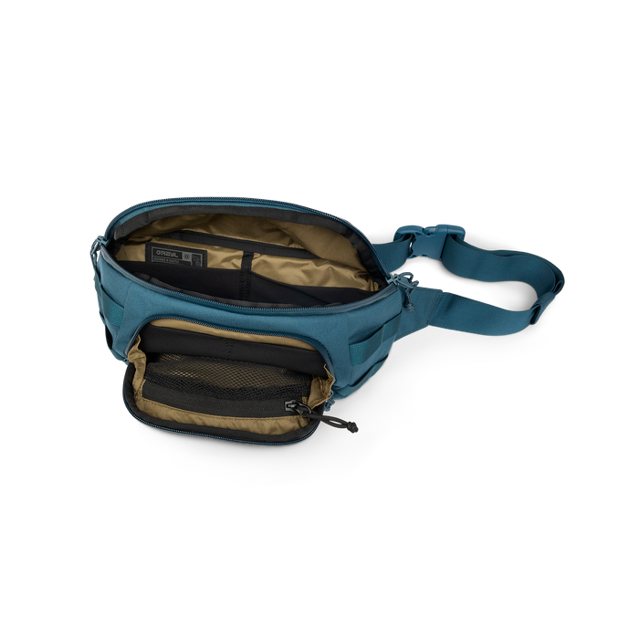 Grayl Transport Hip Pack 2L, Wander Blue, open showing internal pockets
