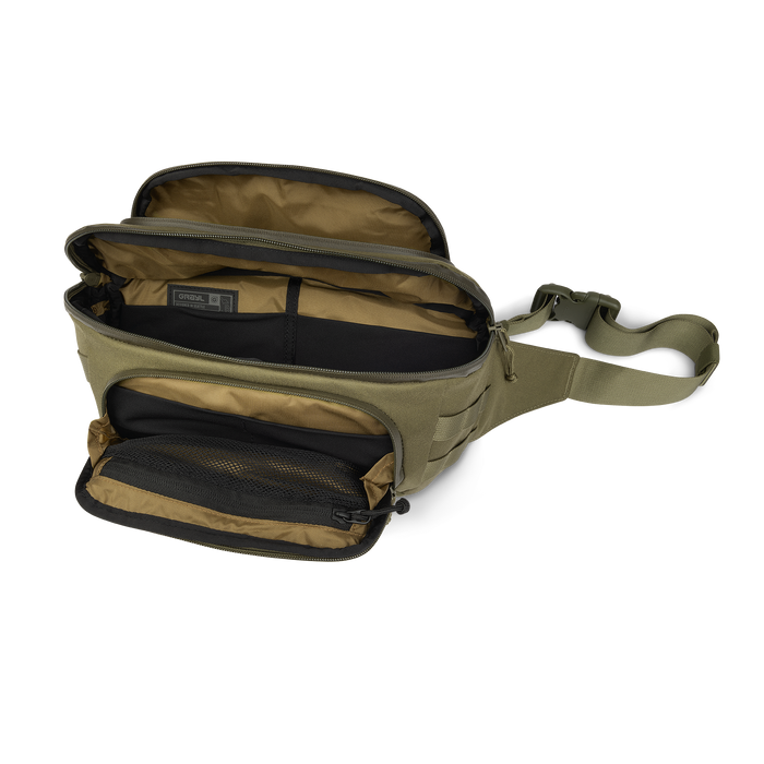 Grayl Transport Hip Pack 4L, Olive Drab, open showing internal pockets