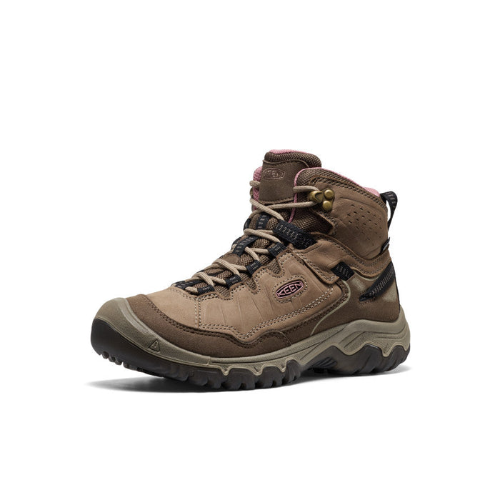 KEEN Women's Targhee IV Mid Waterproof Hiking Boot in Brindle/Nostalgia Rose, angle view