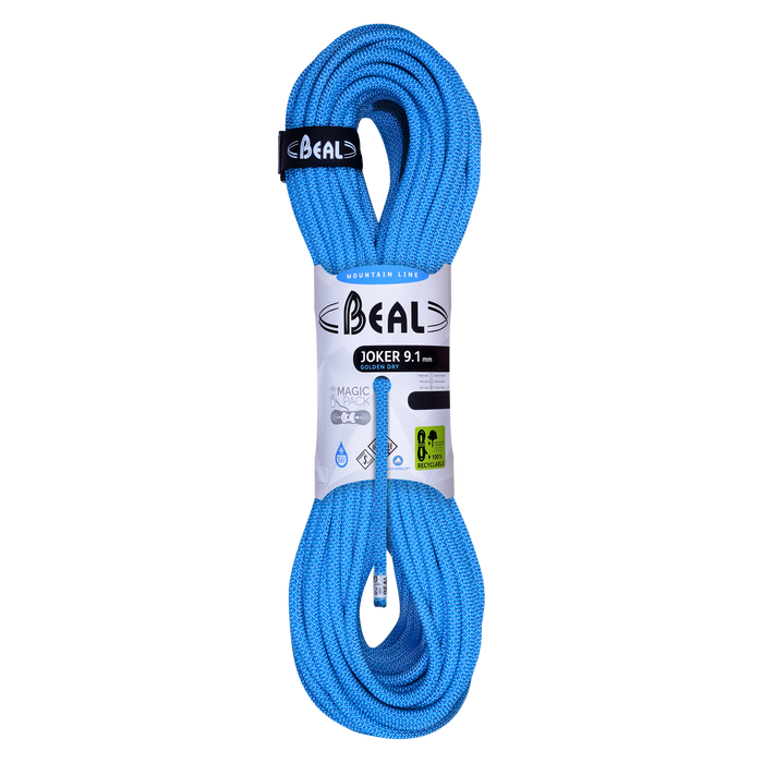 Beal Joker 9.1mm Unicore Golden Dry rope, blue, coiled