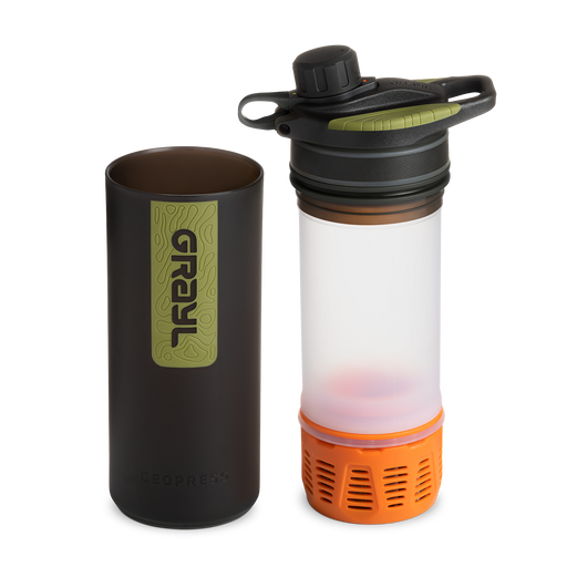 Grayl GeoPress purifier bottle separated to show the replacement cartridge