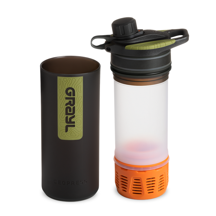 Grayl GeoPress purifier bottle separated to show the replacement cartridge
