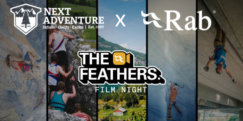 Promotional graphic for 'The Feathers Film Night' featuring a collaboration between Next Adventure and Rab. The design consists of five vertical panels showcasing outdoor climbing and mountaineering scenes, with the event title and sponsor logos prominently displayed.
