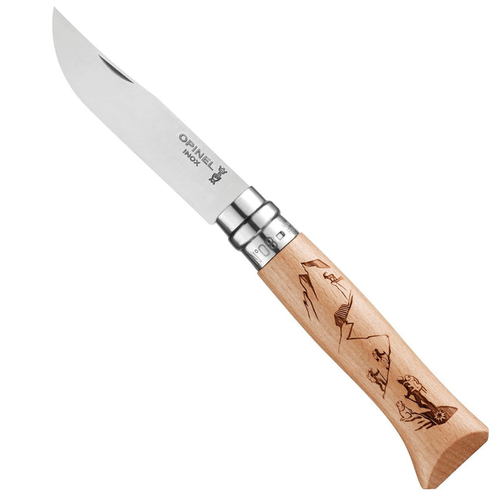 Opinel No.08 folding knife with engraved alpine handle, view 2