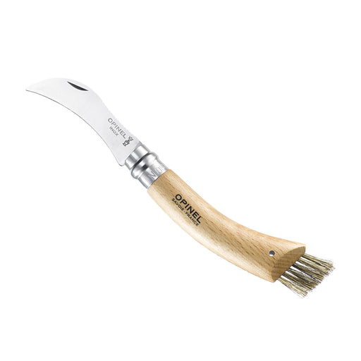 Opinel No.08 mushroom knife with curved blade and boar bristle brush