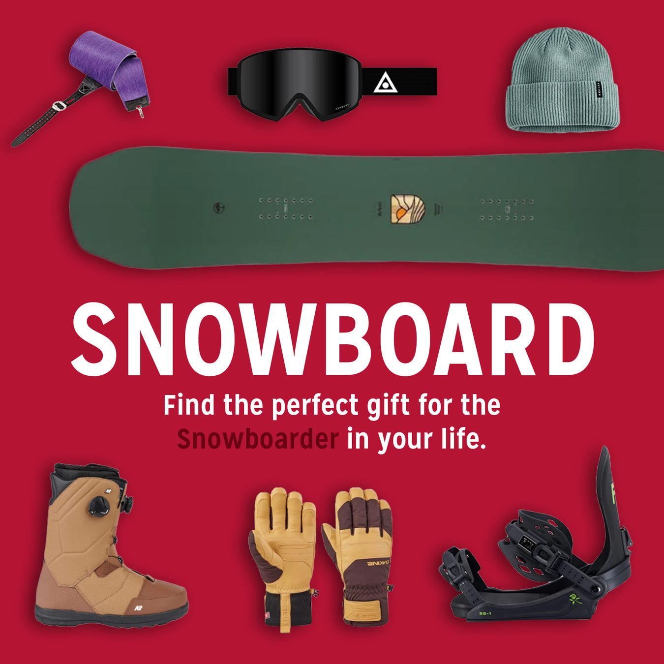 "Find the perfect gift for the Snowboarder in your life" links to collection of snowboarding gifts