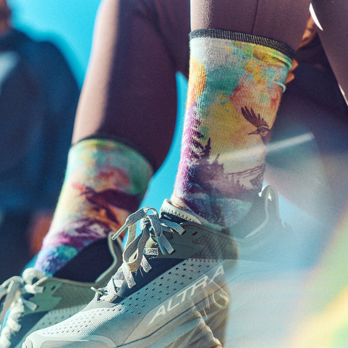 Smartwool Women's Trail Run Serene Peak Print Crew Socks in Dusty Teal, detail