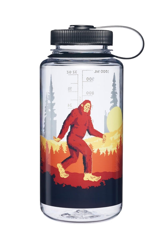 Nalgene 32oz Wide Mouth bottle with Sasquatch graphic, clear