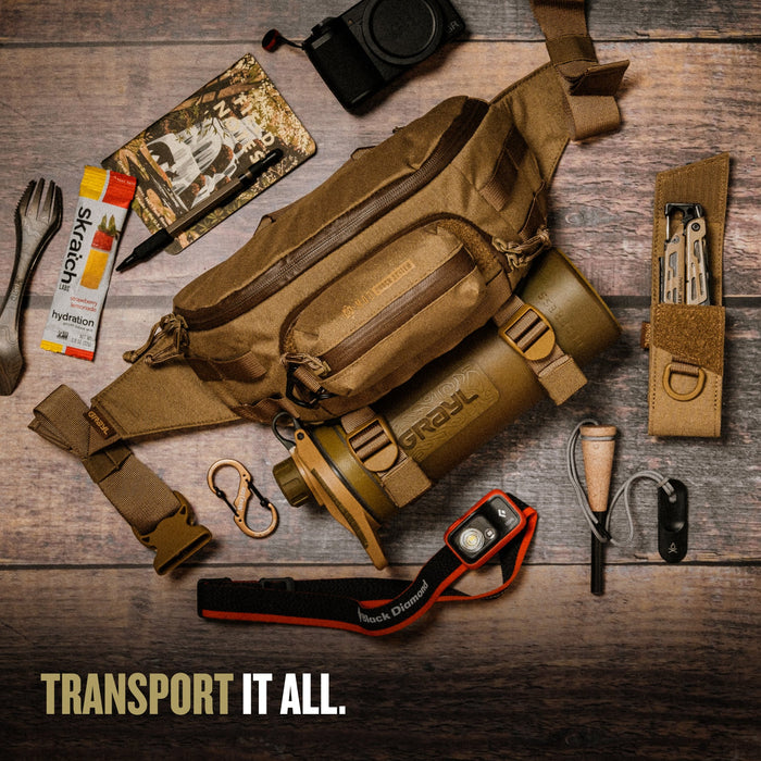 Grayl Transport Hip Pack worn with a bottle in the BottleLock tie-down
