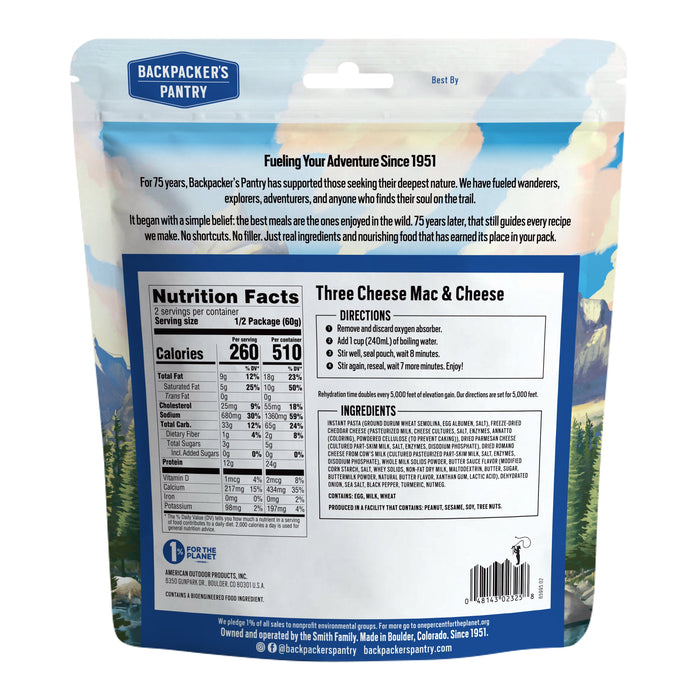 Backpacker's Pantry Three Cheese Mac & Cheese pouch, back