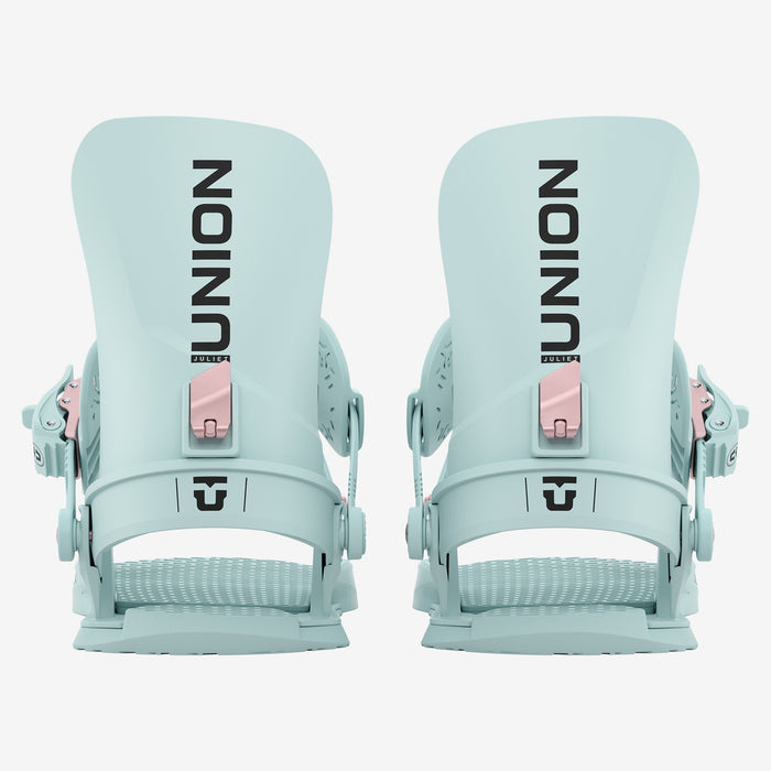 Union Juliet snowboard binding in Ice Blue, pair, rear view