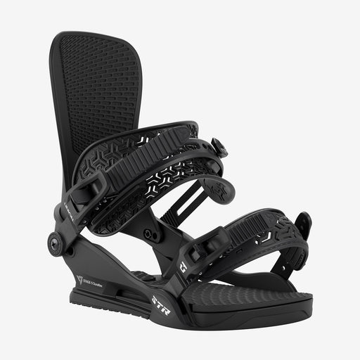 Union STR snowboard binding in Black, front view