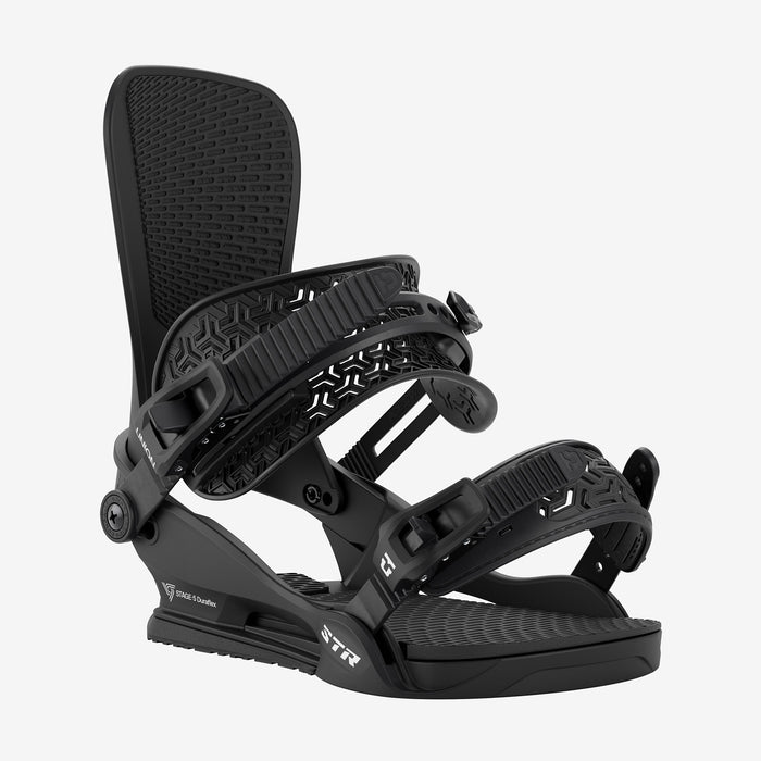 Union STR snowboard binding in Black, front view