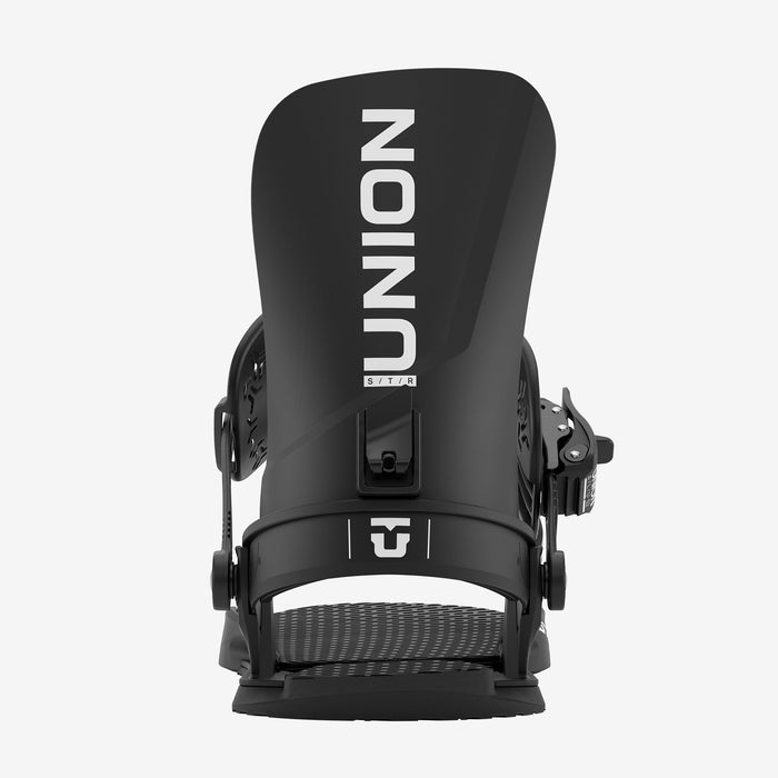 Union STR snowboard binding in Black, rear view