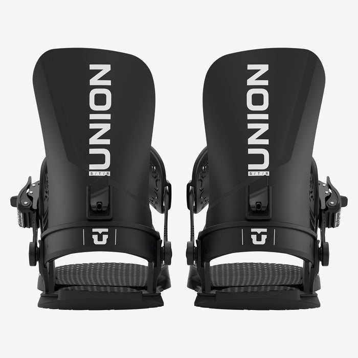 Union STR snowboard binding in Black, pair, rear view