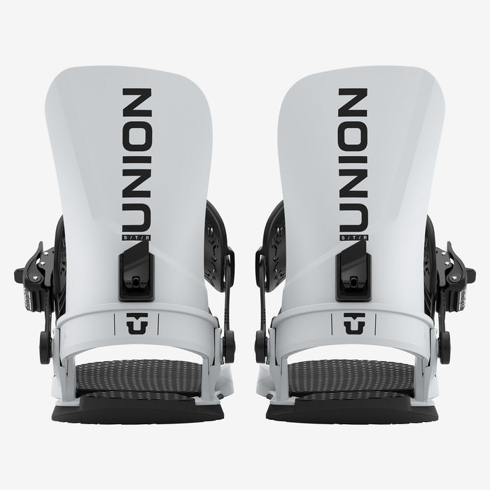 Union STR snowboard binding in Grey, pair, rear view