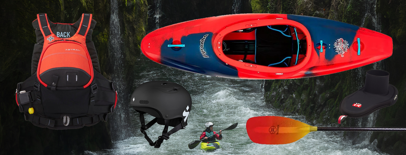 Collection of White Water Product Features that include a lifejacket, kayak, helmet, paddle, skirt