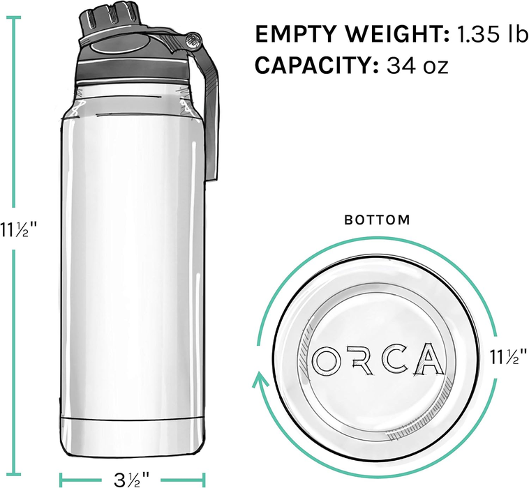 Hydra Insulated Bottle 34oz dimensions: 11.5 in tall, 3.5 in wide, 1.35 lb empty