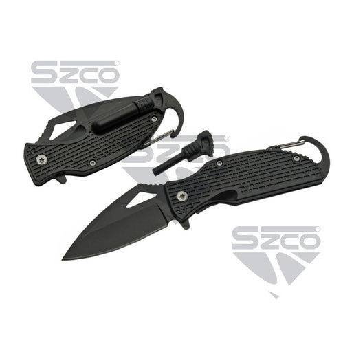 SZCO 3.5 inch black camping folder with fire starter and carabiner