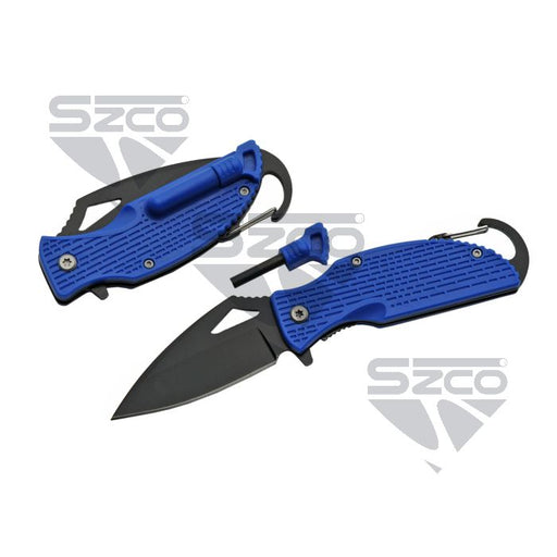 SZCO 3.5 inch blue camping folder with fire starter and carabiner