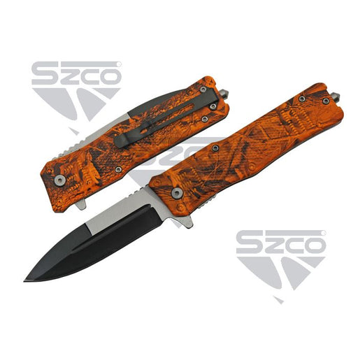 SZCO 4.75 inch orange camo folder with glass breaker