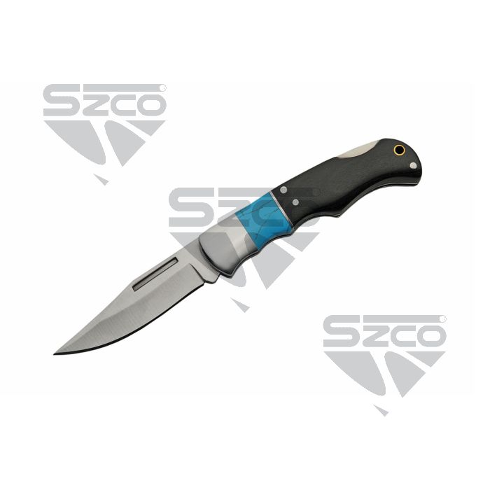 SZCO 3.5 inch Blue Baby lockback folder with black wood and faux turquoise handle