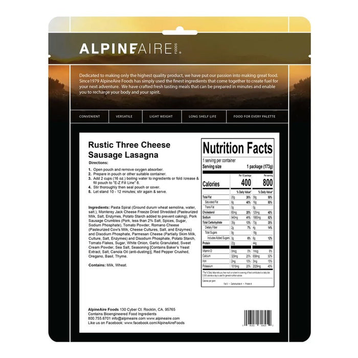 AlpineAire Foods RUSTIC 3 CHEESE SAUSAGE LASAGN - Next Adventure