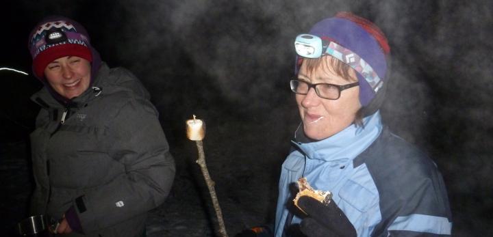Next Adventure Winter Camping snowshoe trip campfire smores